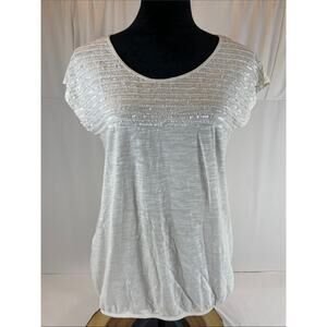 LOFT Sequin Ruched Cap Sleeve Top White Medium M Coastal Glam Summer